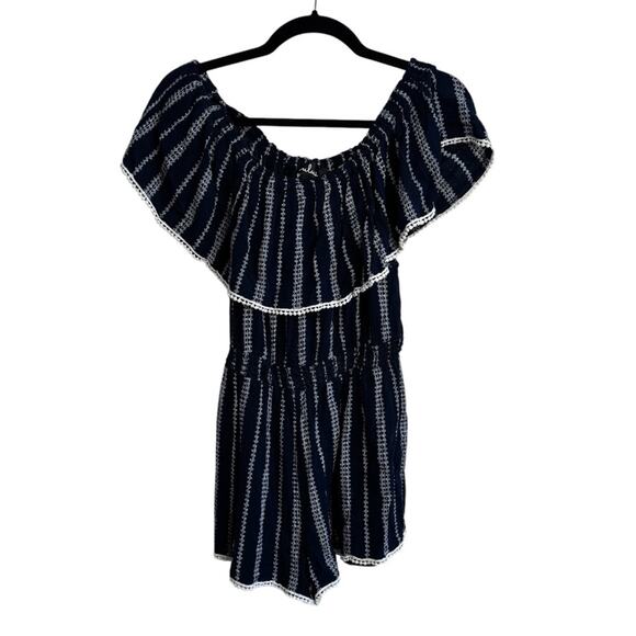 Lulus See Ya There Navy Blue Print Off The Shoulder Romper - Picture 2 of 8